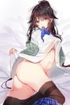  ass azur_lane bangs bed bed_sheet black_hair black_legwear blue_neckwear blush bow breasts brown_eyes cardigan commentary_request eyebrows_visible_through_hair eyes_visible_through_hair hair_between_eyes hair_bow hair_flaps highres large_breasts long_hair looking_at_viewer lying mouth_hold navel necktie on_side open_clothes open_shirt pantyhose pantyhose_pull pleated_skirt ponytail pussy pussy_juice pussy_juice_trail shirt shirt_pull skirt skirt_around_one_leg solo stomach takao_(azur_lane) takitou thighband_pantyhose underboob uniform very_long_hair white_bow white_shirt 