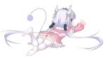  1girl beads bow child dragon_girl dragon_horns dragon_tail dress eyebrows_visible_through_hair feet female hair_beads hair_bow hairband horns kanna_kamui kobayashi-san_chi_no_maidragon lavender_hair long_hair long_sleeves lying no_shoes on_stomach open_mouth panties pantyshot pantyshot_(lying) pink_dress profile simple_background soles solo streamingsun tail thighhighs twintails underwear white_background white_legwear 