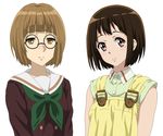  alternate_costume blush brown_eyes brown_hair chihara_minori company_connection cosplay costume_switch cp9a erica_brown erica_brown_(cosplay) freckles glasses green_neckwear hibike!_euphonium kyoto_animation looking_at_viewer mole mole_under_eye mole_under_mouth multiple_girls nakaseko_kaori nakaseko_kaori_(cosplay) neckerchief school_uniform seiyuu_connection serafuku short_hair upper_body violet_evergarden 