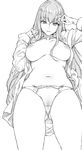  absurdres ass_visible_through_thighs bangs bow bow_panties breasts c.c. code_geass commentary_request dress_shirt greyscale highres long_hair medium_breasts monochrome mushi024 navel nipples open_clothes open_shirt panties shirt smile solo underwear 