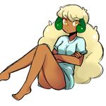  1girl artist_request ass blue_shirt bottomless breasts crossed_arms dark_skin eyebrows_visible_through_hair female jpeg_artifacts long_hair looking_to_the_side naked_shirt pajamas personification platinum_blonde pokemon pokemon_bw shirt short_sleeves simple_background sitting small_breasts solo source_request whimsicott white_background yellow_eyes 