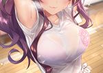  :3 arms_up baffu blurry blush bra bra_through_clothes breasts closed_mouth collarbone depth_of_field emblem head_out_of_frame highres ichinose_shiki idolmaster idolmaster_cinderella_girls indoors large_breasts lips long_hair pink_bra purple_hair see-through shirt short_sleeves solo sparkle steaming_body sweat tied_shirt underwear wet wet_clothes wet_shirt white_shirt wooden_floor 