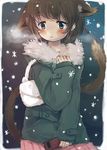  :&lt; animal_ears bag bangs blue_eyes blush brown_hair cat_ears cat_tail cellphone closed_mouth commentary_request eyebrows_visible_through_hair foomi fur_collar green_coat hand_up handbag holding holding_cellphone holding_phone long_sleeves original phone pink_skirt pleated_skirt sitting skirt sleeves_past_wrists snowing solo tail 
