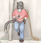  anthro candy cat clothed clothing digital_media_(artwork) feline food hockey hockey_stick lavilovi lollipop male mammal solo sport standing 