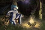  2018 absurd_res anthro areola bat_pony breasts detailed_background digital_media_(artwork) female fire forest hair hi_res night nipples outside pussy rock solo stick the-minuscule-task tree 
