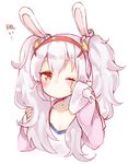  animal_ears azur_lane bangs blush brown_eyes bunny_ears camisole closed_mouth collarbone eyebrows_visible_through_hair fingernails hair_between_eyes hair_ornament hairband jacket laffey_(azur_lane) long_hair long_sleeves nail_polish one_eye_closed pink_jacket pink_nails red_hairband rubbing_eyes shijimi_kozou silver_hair simple_background sleeves_past_wrists solo twintails white_background white_camisole 