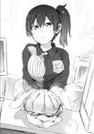  baozi commentary convenience_store employee_uniform food foreshortening giving greyscale id_card ijima_yuu kaga_(kantai_collection) kantai_collection lawson monochrome shop side_ponytail solo store_clerk uniform 