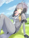  blue_sky blurry cloud cloudy_sky commentary_request day depth_of_field food green_eyes grey_hair grey_legwear holding japari_bun kemono_friends long_hair long_sleeves looking_at_viewer mashita_(kuzsat) mountain multicolored_hair necktie pantyhose shoebill_(kemono_friends) short_over_long_sleeves short_sleeves shorts sitting sky solo tail two-tone_hair 