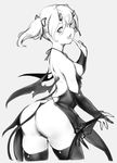  1girl ass backless_outfit blush breasts cropped_legs demon_tail demon_wings fang female finger_to_mouth from_behind grey_background greyscale hair_ribbon hand_up highres horns linnkou looking_at_viewer looking_back looking_to_the_side medium_breasts mole mole_under_eye monochrome nipples open_mouth original ribbon short_twintails simple_background sketch smile solo standing tail teeth thighhighs tied_hair twintails wings 