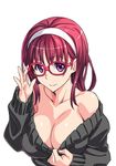  adjusting_eyewear blush breasts cleavage cleavage_reach commentary_request glasses hairband kurara-chan_(suzutsuki_kurara) large_breasts looking_at_viewer no_bra original purple_eyes purple_hair shiny solo suzutsuki_kurara 