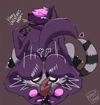  &lt;3 black_fur claws english_text fur grey_fur hair hyena invalid_color lying male mammal meatshaq procyonid purple_fur raccoon sitting smile teeth text toe_claws 