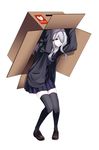  black_legwear box cardboard_box full_body hair_ornament hair_over_one_eye hairclip in_box in_container loafers long_hair original pale_skin pleated_skirt red_eyes shoes silver_hair simple_background skirt sleeves_past_wrists solo thighhighs white_background yanagida_fumita 