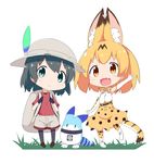  absurdres animal_ears chibi commentary_request hat_feather helmet highres kaban_(kemono_friends) kemono_friends lucky_beast_(kemono_friends) makuran multiple_girls pith_helmet red_shirt serval_(kemono_friends) serval_ears serval_print serval_tail shirt tail 
