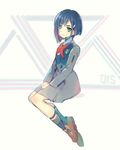  blue_hair closed_mouth commentary_request darling_in_the_franxx esgkjj frown full_body green_eyes hair_ornament hair_over_one_eye hairclip hands_on_lap ichigo_(darling_in_the_franxx) looking_at_viewer military military_uniform plantar_flexion short_hair sitting solo uniform 