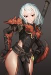  armor contrapposto gloves gradient gradient_background hands_on_hips highres loincloth looking_at_viewer monster_hunter monster_hunter:_world odogaron_(armor) qbase red_eyes short_hair smile solo standing weapon white_hair wide_hips 