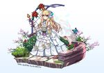  azur_lane blonde_hair blue_eyes bouquet character_name commentary dress drill_hair faux_figurine flower full_body hair_flower hair_ornament hairband highres holding kuronekozero long_hair looking_at_viewer queen_elizabeth_(azur_lane) rose scepter solo wedding_dress white_dress 