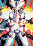  crossed_arms dark_persona darling_in_the_franxx glowing gunbuster_pose highres light_particles looking_at_viewer mecha no_humans potechi_(german_potato) serious solo sparkle standing strelizia 