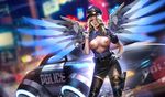  1girl alternate_costume areolae black_gloves blonde_hair blurry breasts car cuffs depth_of_field gloves ground_vehicle gun hair_over_one_eye handcuffs handgun highres holster liang_xing mechanical_wings mercy_(overwatch) motor_vehicle necktie nipples open_shirt overwatch parted_lips police police_car police_uniform policewoman rain solo thigh_holster thighhighs uniform weapon white_gloves wings 