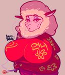  2018 anthro big_breasts breasts caprine cigarette clothed clothing digital_media_(artwork) dress eyeshadow female fully_clothed helbaa_(smutbooru) holding_object huge_breasts korean_text looking_at_viewer makeup mammal mature_female sheep smoking smutbooru solo standing text thick_thighs voluptuous wide_hips 