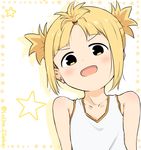  :d bangs_pinned_back bare_shoulders blonde_hair collarbone commentary_request cosplay forehead head_tilt kise_sacchan kouno_marika look-alike mitsuboshi_colors open_mouth seiyuu_connection shakunetsu_no_takkyuu_musume short_hair short_twintails silhouette smile solo star starry_background tank_top tenka_hanabi tenka_hanabi_(cosplay) twintails twitter_username upper_body v-shaped_eyebrows yellow_eyes youjo_climber 