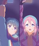  arm_up blue_eyes blue_hair cellphone commentary fingerless_gloves gloves hair_between_eyes hat hetareeji highres kagamihara_nadeshiko long_hair long_sleeves multicolored multicolored_stripes multiple_girls open_mouth phone pink_hair scarf self_shot shima_rin smartphone striped striped_scarf yurucamp 