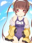  ass_visible_through_thighs azur_lane bangs bare_shoulders blue_sky blue_swimsuit blush breasts brown_hair cloud collarbone commentary_request covered_navel cowboy_shot day dutch_angle eyebrows_visible_through_hair fur-trimmed_jacket fur_trim hairband jacket long_hair long_sleeves looking_at_viewer miko_kichi name_tag off_shoulder old_school_swimsuit one-piece_swimsuit outdoors parted_lips ping_hai_(azur_lane) red_eyes school_swimsuit sky sleeves_past_wrists small_breasts solo swimsuit twintails very_long_hair white_hairband yellow_jacket 