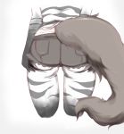  1girl aardwolf_(kemono_friends) aardwolf_print aardwolf_tail animal_print ass ass_focus back black_shorts cropped_legs from_behind gloves hands_on_own_ass hiroi_butani kemono_friends legwear_under_shorts lower_body pantyhose pocket print_gloves print_legwear print_shirt shirt short_shorts shorts simple_background solo tail twitter_username white_background 