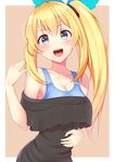  alternate_costume bare_shoulders black_shirt blonde_hair blue_eyes blue_ribbon blue_tank_top blush breasts cleavage collarbone h3po4_chiba hair_between_eyes hair_ribbon hand_on_own_stomach hand_up highres long_hair looking_at_viewer medium_breasts mirai_akari mirai_akari_project off_shoulder open_mouth ribbon shirt side_ponytail smile solo virtual_youtuber 