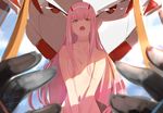  bangs blunt_bangs breasts cleavage darling_in_the_franxx green_eyes hair_between_eyes highres hips horns isshiki_(ffmania7) long_hair mecha medium_breasts navel open_mouth pink_hair solo twitter_username upper_body v_arms zero_two_(darling_in_the_franxx) 
