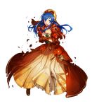  bangs blue_eyes blue_hair box breasts brown_footwear bunbun choker dress eyebrows_visible_through_hair fire_emblem fire_emblem:_fuuin_no_tsurugi fire_emblem_heroes full_body gift gift_box hat highres holding holding_gift juliet_sleeves lilina long_dress long_hair long_skirt long_sleeves looking_away medium_breasts official_art open_mouth puffy_sleeves skirt solo torn_clothes transparent_background 