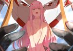  bangs blunt_bangs breasts cleavage clothed_male_nude_female darling_in_the_franxx green_eyes hair_between_eyes highres hips horns isshiki_(ffmania7) long_hair mecha medium_breasts navel nude open_mouth pink_hair solo strelizia twitter_username upper_body v_arms zero_two_(darling_in_the_franxx) 