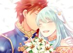  1girl bare_shoulders blue_hair cape closed_eyes couple dress eliwood_(fire_emblem) fire_emblem fire_emblem:_rekka_no_ken fire_emblem_heroes hair_ornament hetero katarina_neko kiss long_hair mamkute ninian red_hair short_hair smile 