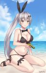  1girl artist_name banana beach bikini blush bow bowtie breasts brown_eyes cleavage counter_strike:global_offensive eyebrows eyebrows_visible_through_hair five-seven_(girls_frontline) five-seven_(gun) fn_herstal food fruit girls_frontline gun hair_between_eyes hair_ornament handgun high_heels highres kneeling large_breasts long_hair looking_at_viewer navel pistol ponytail side-tie_bikini smile swimsuit thigh_strap vodka13 weapon 