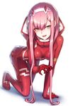 all_fours bangs blush bodysuit breasts commentary_request darling_in_the_franxx eyebrows_visible_through_hair green_eyes hairband horns long_hair looking_at_viewer medium_breasts open_mouth pilot_suit pink_hair red_bodysuit ryuinu shiny shiny_clothes shiny_hair skin_tight smile solo teeth tongue white_hairband zero_two_(darling_in_the_franxx) 