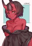  artist_name bad_id bad_pixiv_id bangs bare_shoulders breast_hold breasts brown_hair brown_kimono cleavage closed_mouth collarbone fang fang_out japanese_clothes kimono large_breasts leaning_forward long_sleeves looking_at_viewer multicolored_hair off_shoulder oni oni_horns open_clothes open_kimono orange_eyes original red_skin short_hair silver_hair smile solo streaked_hair two-tone_hair upper_body wide_sleeves zakusi 