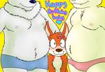  bear bearnard blush canine english_text fox foxune happy_birthday heart_sign male mammal moobs nishi oxnards polar_bear simple_background text yellow_background zandanel 