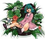  ameyu_(rapon) animal_ears clover commentary dog_ears dress flower flower_request four-leaf_clover grass green_eyes green_hair highres jasmine_(flower) kasodani_kyouko leaf long_sleeves looking_at_viewer open_mouth pink_dress shoes short_hair sitting socks solo teeth tongue touhou white_legwear 