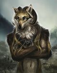  2018 anthro brown_fur canine curved_horn day digital_media_(artwork) fur green_eyes hybrid mammal outside safiru sky solo watermark wolf 