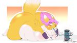  2018 ambiguous_gender anthro backsash belly big_belly big_breasts blue_eyes breasts canine claws digimon digital_drawing_(artwork) digital_media_(artwork) fur hair inflation mammal nozzle pink_hair renamon simple_background solo toe_claws white_fur yellow_fur 