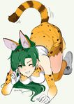  absurdres animal_ears blush bow bowtie cosplay elbow_gloves extra_ears fire_emblem fire_emblem:_rekka_no_ken gloves green_eyes green_hair high_ponytail highres kemono_friends long_hair looking_at_viewer lyndis_(fire_emblem) ormille ponytail serval_(kemono_friends) serval_(kemono_friends)_(cosplay) serval_ears serval_print serval_tail shirt simple_background skirt sleeveless smile solo tail 