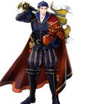  armads axe blue_eyes blue_hair boots cape collarbone fire_emblem fire_emblem:_rekka_no_ken fire_emblem_heroes full_body gift hector_(fire_emblem) highres looking_at_viewer male_focus medal official_art pants pectorals red_cape smile solo suekane_kumiko transparent_background weapon 