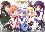  :d ;d ama_usa_an_uniform angora_rabbit animal_ears anko_(gochiusa) apron aqua_eyes bangs black_skirt blonde_hair blue_eyes blue_hair blue_vest bow brown_hair bunny bunny_ears center_frills chestnut_mouth closed_mouth collared_shirt commentary_request crown eyebrows_visible_through_hair fake_animal_ears fleur_de_lapin_uniform floppy_ears flower frilled_apron frilled_hairband frills gochuumon_wa_usagi_desu_ka? green_eyes green_kimono hair_between_eyes hair_bow hair_flower hair_ornament hairband hairclip hand_on_another's_shoulder heart heart_hands heart_hands_duo hoto_cocoa japanese_clothes kafuu_chino kimono kirima_sharo light_brown_hair long_hair long_sleeves looking_at_viewer maid_apron multiple_girls one_eye_closed open_mouth parted_lips pink_bow pink_vest polka_dot puffy_short_sleeves puffy_sleeves purple_eyes purple_hair purple_vest rabbit_house_uniform rikatan shirt short_sleeves skirt smile striped striped_kimono tedeza_rize tippy_(gochiusa) twintails ujimatsu_chiya underbust uniform very_long_hair vest waist_apron waitress white_apron white_flower white_shirt wide_sleeves wrist_cuffs x_hair_ornament 