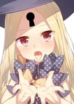  abigail_williams_(fate/grand_order) bangs black_hat blonde_hair blush bow commentary_request cum cum_in_hands cum_in_mouth eyebrows_visible_through_hair eyes_visible_through_hair fate/grand_order fate_(series) fingernails hands_up hat head_tilt keyhole long_hair looking_at_viewer open_mouth orange_bow parted_bangs polka_dot polka_dot_bow racer_(magnet) red_eyes simple_background solo tongue tongue_out upper_body white_background 
