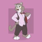  barefoot cat clothing douglas_benson dress_shirt feline mammal necktie neenya purple_background shirt simple_background slacks suit undressing vest yellow_sclera 