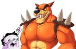  &lt;3 abs biceps black_hair black_nose blush chest_tuft crash_bandicoot_(series) drooling facial_hair fangs fur hair human julian_marcel male male/male mammal marsupial muscular muscular_male mustache oney_plays orange_fur pecs pterro saliva size_difference spikes thylacine tiny_tiger tuft video_games 