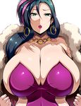  1girl black_hair blue_eyes breasts bursting_breasts character_request cleavage earrings female huge_breasts hugtto!_precure leotard lips lipstick long_hair looking_at_viewer milf multicolored_hair necklace open_clothes precure purple_hair simple_background solo standing tsukasawa_takamatsu upper_body white_background 