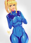  blonde_hair blue_bodysuit blue_eyes bodysuit breast_squeeze breasts carlos_javier closed_mouth covered_navel covered_nipples dutch_angle groin hands_up high_ponytail highres hips impossible_clothes large_breasts lips looking_to_the_side metroid mole mole_under_mouth ponytail samus_aran shiny shiny_clothes signature skin_tight solo standing upper_body zero_suit 