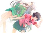  animal_ears black_hair black_hanekawa breasts cat_ears dual_persona green_shirt hair_ornament hairclip hanekawa_tsubasa large_breasts long_hair monogatari_(series) multiple_girls panties parted_lips purple_eyes roso_(ka_kka) shirt short_hair smile underwear white_hair yellow_eyes 