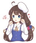  :o ahoge bangs beret blue_dress blue_eyes brown_hair commentary_request cropped_torso dress fang hands_up hat heart highres hinatsuru_ai light_(luxiao_deng) long_hair long_sleeves looking_at_viewer low_twintails parted_lips puffy_short_sleeves puffy_sleeves ryuuou_no_oshigoto! school_uniform short_over_long_sleeves short_sleeves simple_background solo twintails upper_body very_long_hair white_background white_hat 