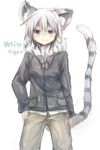  &gt;:) animal_ears bangs black_jacket blue_eyes blush brown_pants closed_mouth eyebrows_visible_through_hair foomi fur_collar hair_between_eyes jacket long_sleeves looking_at_viewer original pants silver_hair simple_background sleeves_past_wrists smile solo striped_tail tail tail_raised tiger_ears tiger_girl tiger_tail v-shaped_eyebrows white_background 